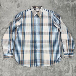Wallace & Barnes Shirt Mens Large Blue Brown Plaid Seersucker Button Down J.Crew